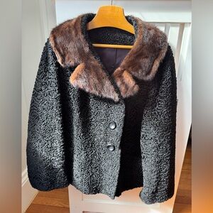 Vintage black boucle jacket with real fur collar.